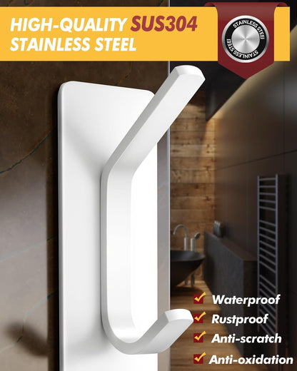 Auxmir Self Adhesive Hooks 15lbs Heavy Duty, 5 Pack Stainless Steel Wall Hooks for Coat Towel Robe, Waterproof Rustproof Oilproof, No Drill Door Hanger for Bathroom Shower Kitchen Office RV, Silver