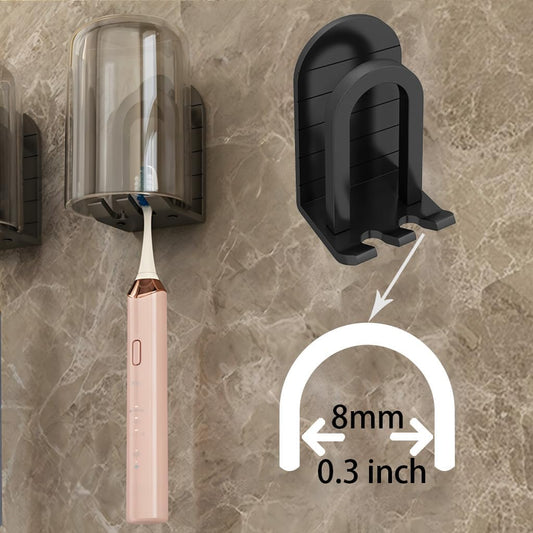 Wall Mounted Toothbrush Holder Set - Self Adhesive Bathroom Toothbrush Holder & Cup Set for Small Bathroom, Apartments or RVs, Includes 2 Cups and 2 Aluminum Toothbrush Holders (Black)