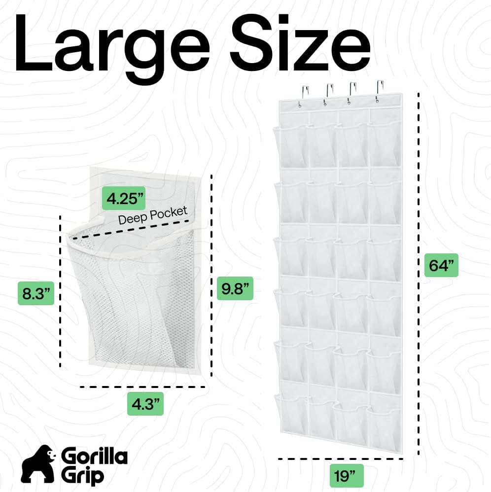 GORILLA GRIP Over the Door Shoe Organizer, 24 Large Breathable Mesh Pockets, Space Saving Hanging Storage Holder, Closet Rack Hanger Holds Up to 40 lbs, Hangs on Closets for Shoes, Accessories, Grey