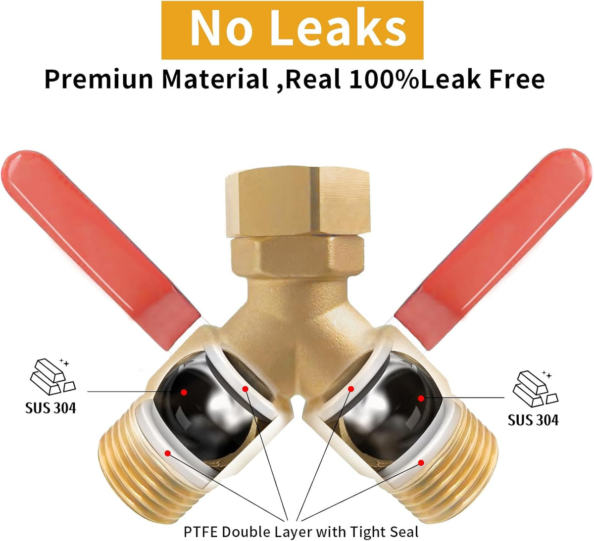 2 Way Garden Hose Splitter Heavy Duty Brass, Y Hose Splitter with Extra Long Handles for Easy Shut Off, Metal Water Spigot Adapter Fits Standard 3/4" GHT Faucet
