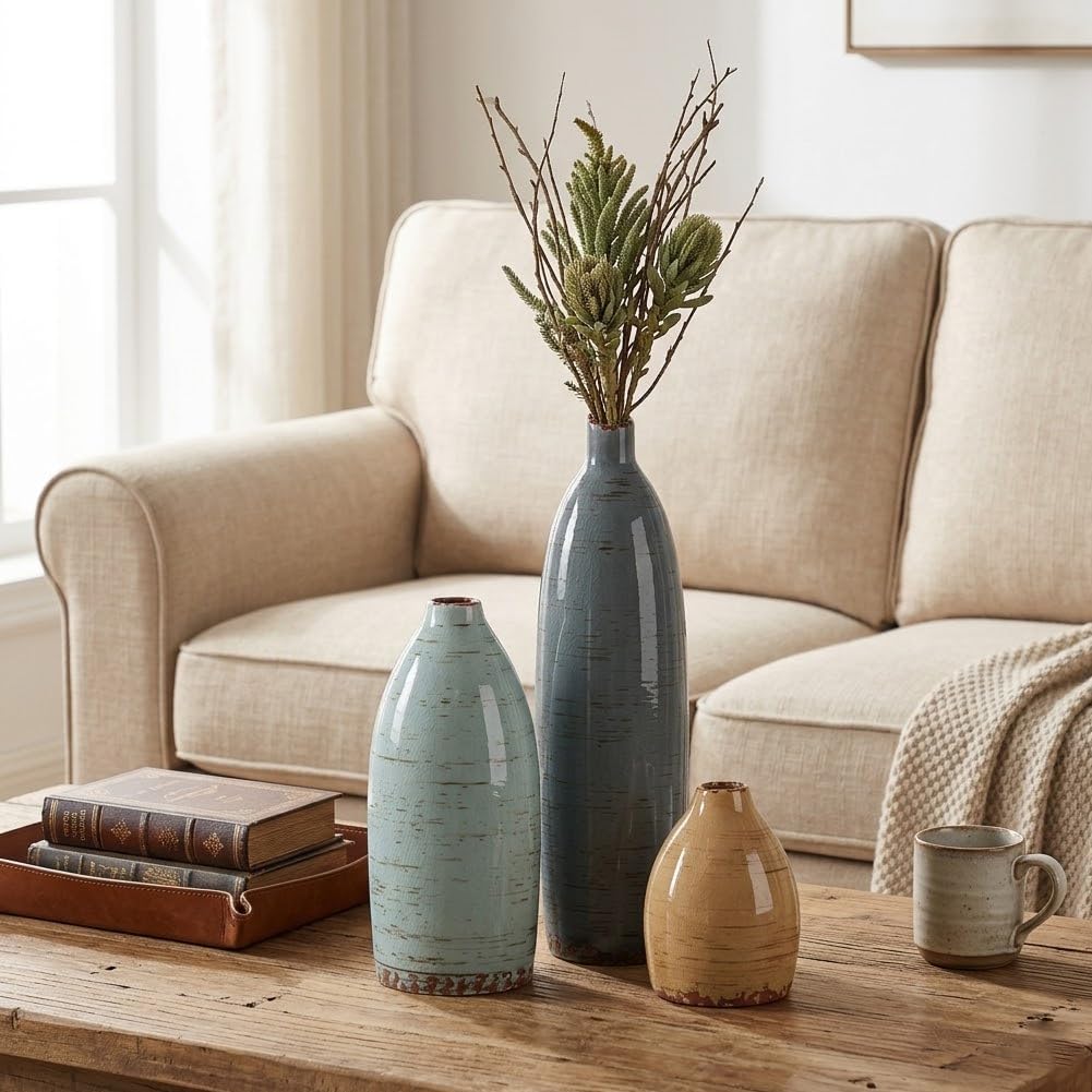 Ceramic Vase Set of 3, Neutral Vases Home Decor, Speckled White Distressed Pottery Rustic Farmhouse Decorative Vases, Small Vases for Table Mantel Entryway Bookshelf Living Room Kitchen Bedroom