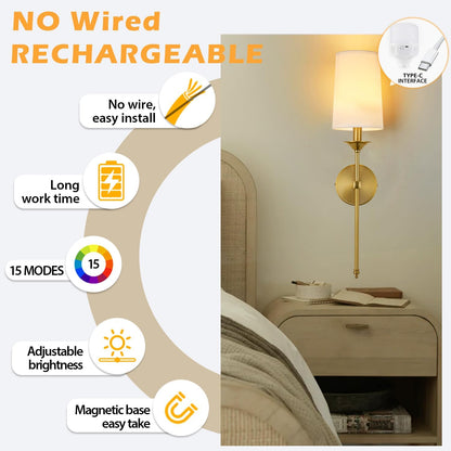 PASSICA DECOR Battery Operated Wall Sconce Set of 2 - Rechargeable Cordless Lights with Remote, Dimmable RGB Timer Wireless Sconces for Bedroom, Living Room, Hallway