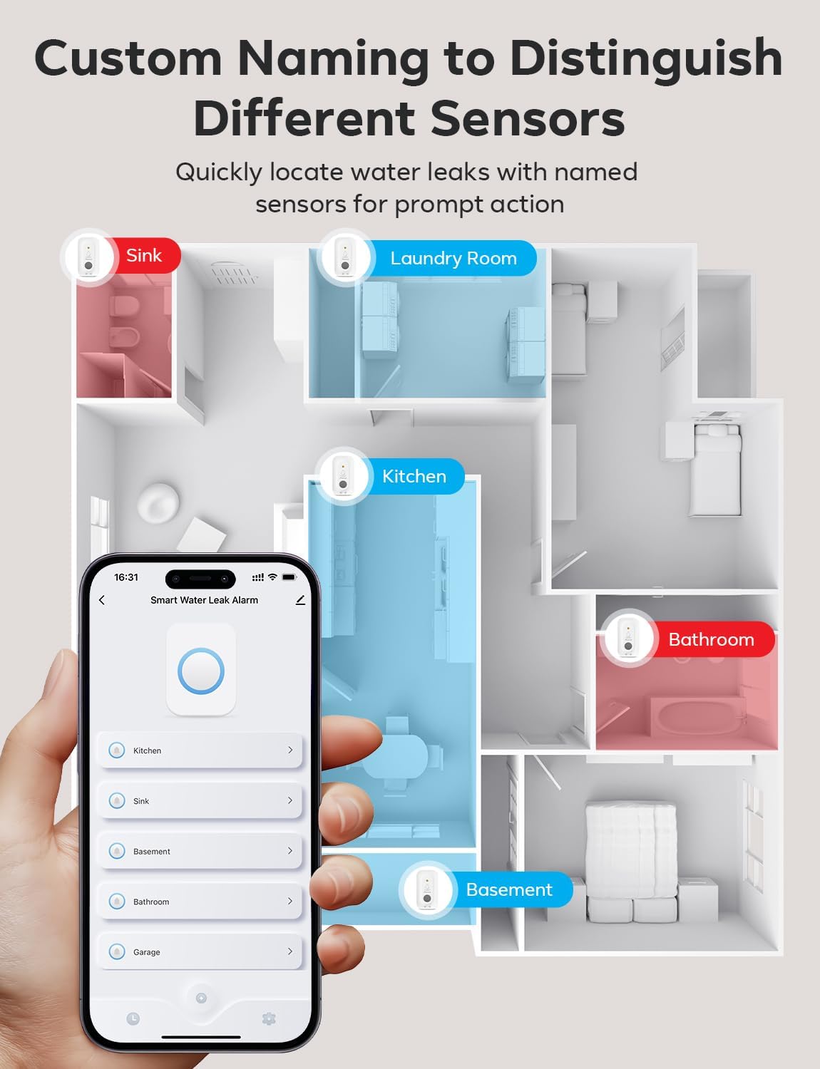 MAXCIO Water Leak Detectors 5 Pack, 110dB Adjustable Smart Water Sensor, Leak and Drip Alert, IP66 Waterproof for Basement, Bathroom, and Kitchen