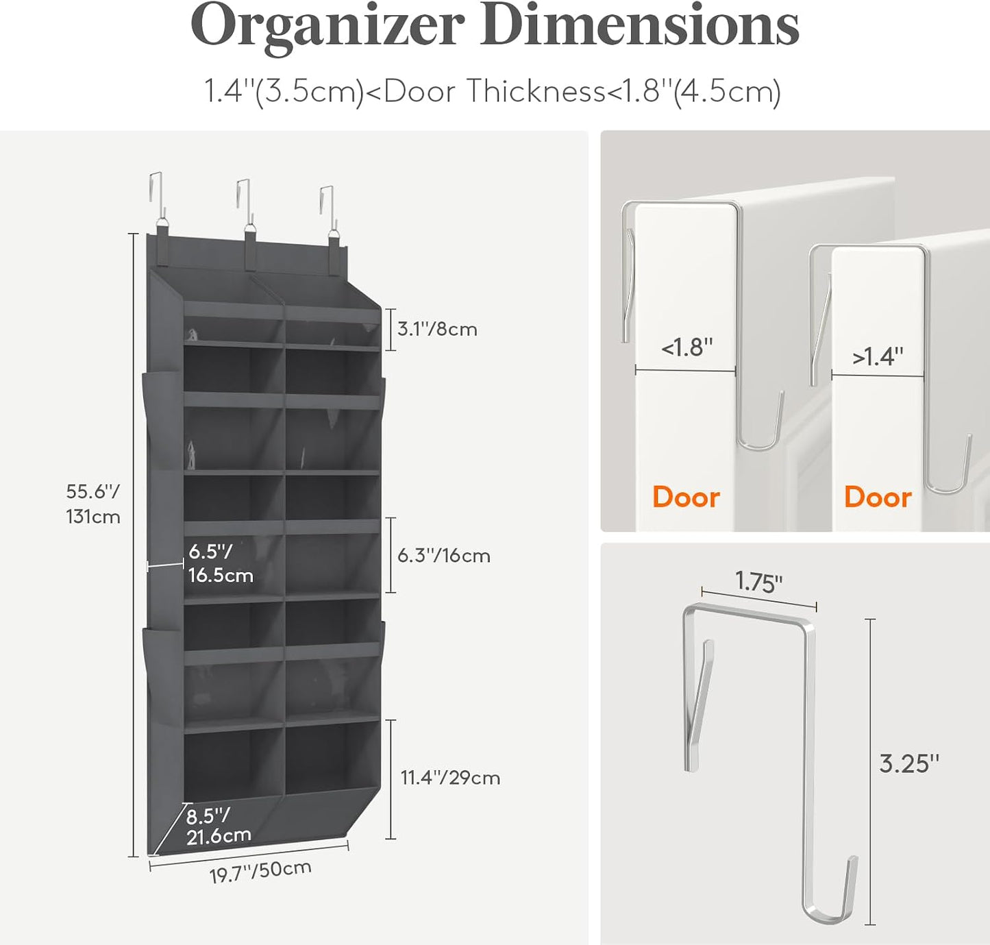 Lifewit 1 Pack Over the Door Organizer, 5 Section Clear Window Hanging Storage with 4 Side Pockets, Sturdy Anti Tilt 40 lbs Load Behind Door for Closet, Bedroom, Bathroom, Nursery, Dorm, Dark Gray