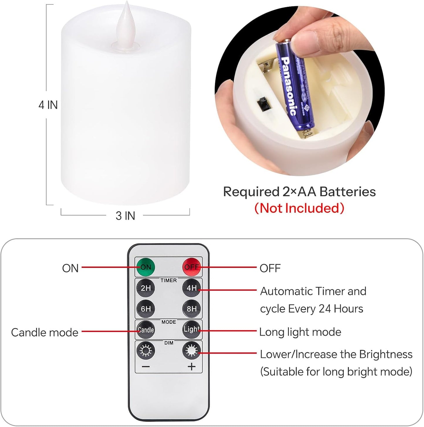 3x4 Flickering Flameless Candles Set of 3,Real Wax Pillar LED Candles,with Timer,4 inch Flameless Candles with Remote,for Party Wedding Holiday Home Decor,Ivory