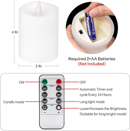 3x4 Flickering Flameless Candles Set of 3,Real Wax Pillar LED Candles,with Timer,4 inch Flameless Candles with Remote,for Party Wedding Holiday Home Decor,Ivory