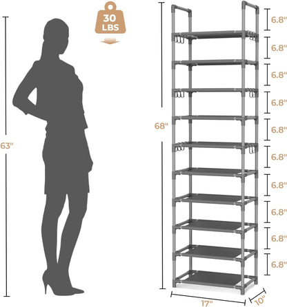 VTRIN 10 Tiers Tall Shoe Rack Holds 20-25 Pairs of Shoes Sturdy Vertical Shoe Organizer with 18pcs Hooks Stackable Narrow Shoe Rack for Closet, Entryway Black