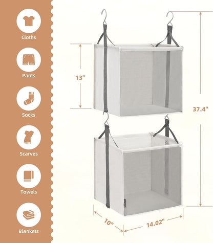 STORAGE MANIAC 2-Tier Hanging Closet Organizer, Fabric Storage Baskets with Hooks, Closet Shelves for Dorm Room, Apartment, Bedroom, Garment Rack & Wardrobe, Ivory