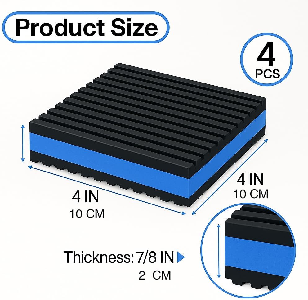 4P Anti Vibration Pads 4'' X 4'' X 7/8" Sound Isolation Ribbed Rubber Mats with EVA Center, Heavy Duty Vibration Isolation Pads for Air Compressos, Conditioner, Treadmill, HVAC Washer Dryer