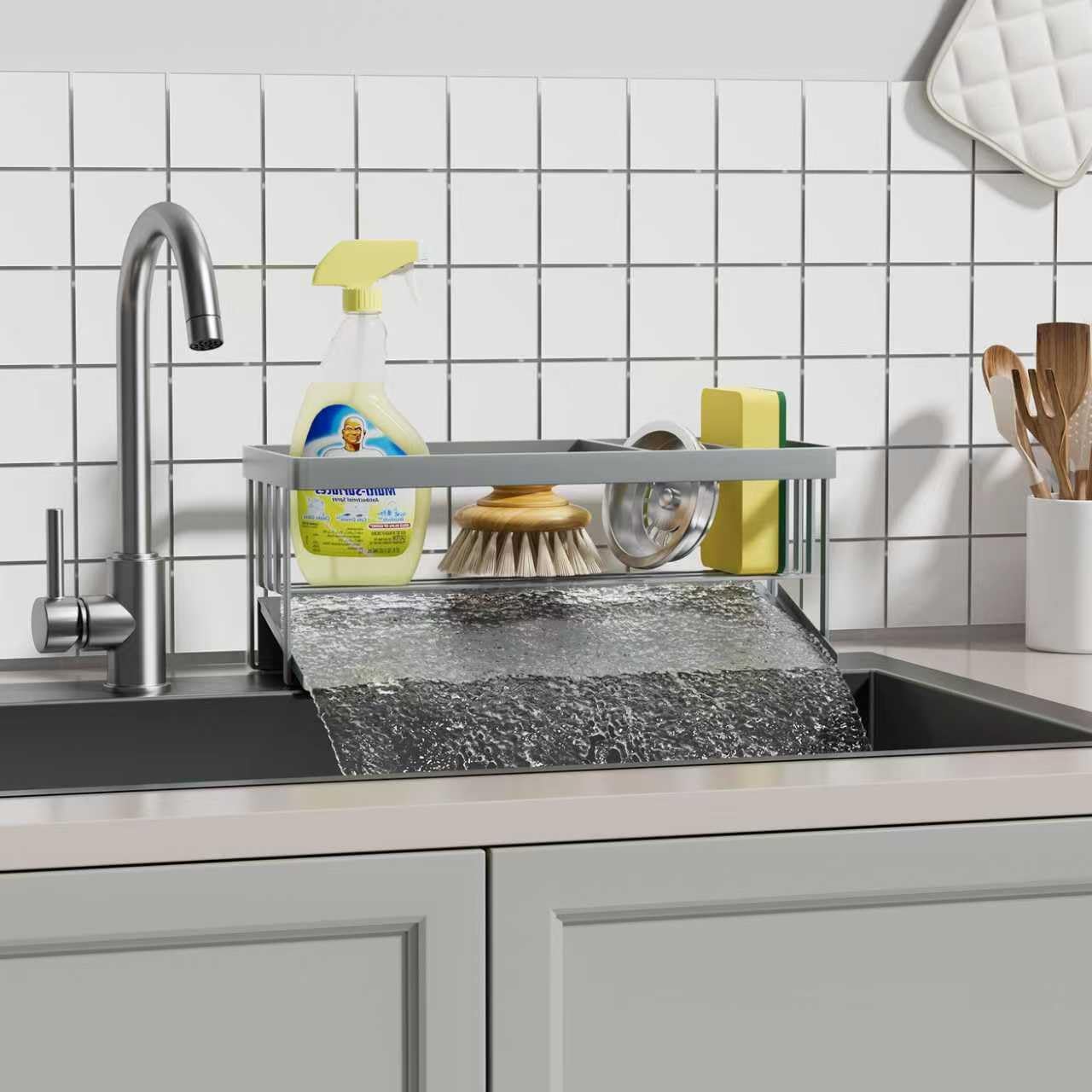 Kitchen Sink Caddy Organzier with Sponge Holder and Removable Drip Tray for Kitchen Sink, 304 Stainless Steel Organize for Sponge Soap Dish Brush Storage Accessories(Black)