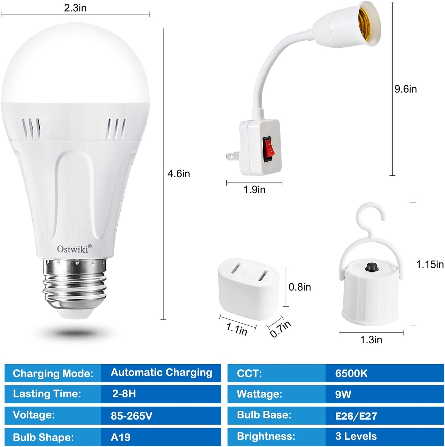Ostwiki Rechargeable Light Bulbs,2 Pack Emergenecy Light Bulbs for Power Outage A19 E26 9W 6500K White Battery Backup Soft Light Bulb for Lamps Home Power Failure Hurricane,Blizzard