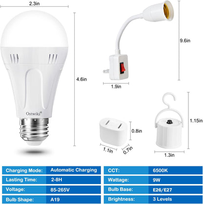 Ostwiki Rechargeable Light Bulbs,2 Pack Emergenecy Light Bulbs for Power Outage A19 E26 9W 6500K White Battery Backup Soft Light Bulb for Lamps Home Power Failure Hurricane,Blizzard