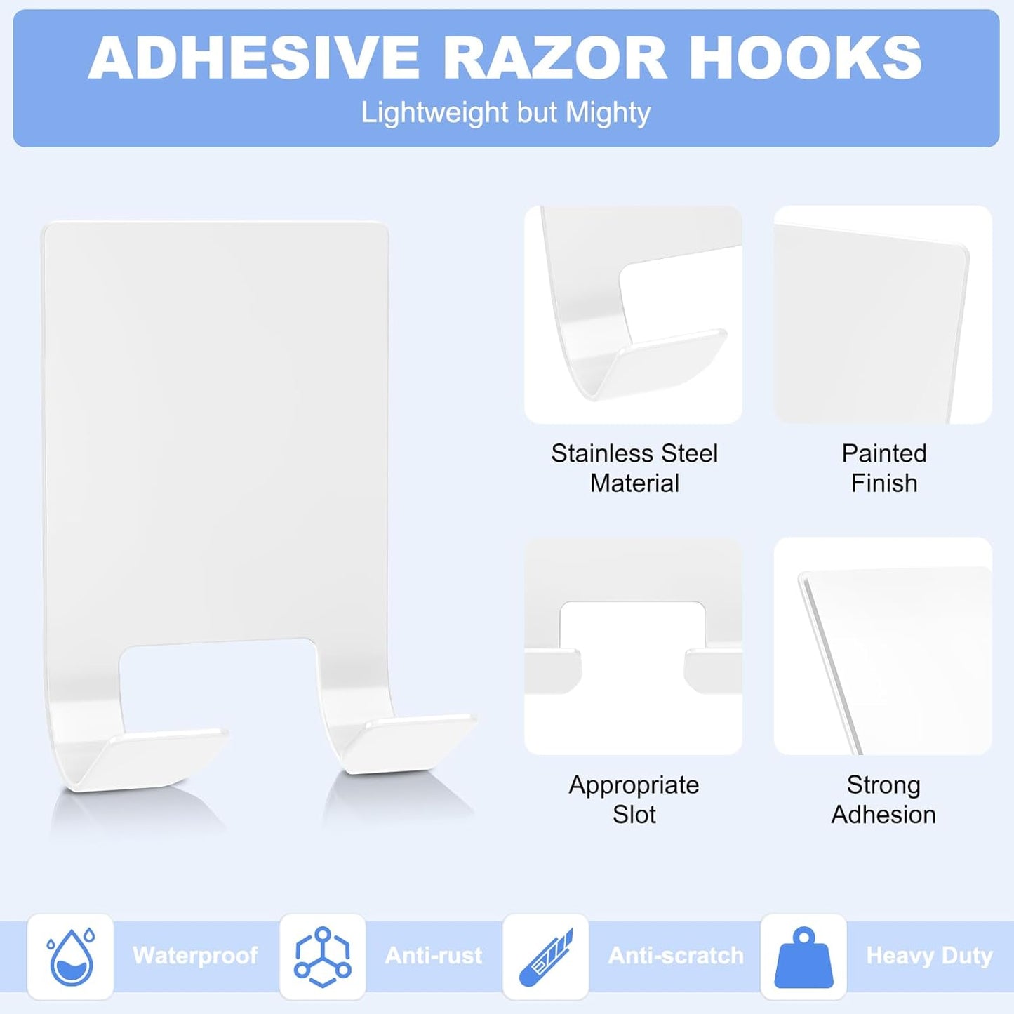 VIS'V Adhesive Razor Holder, Wall Mount Shower Razor Hooks for His and Hers, Metal, Waterproof, White, 2 Pcs