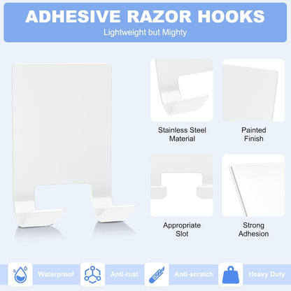 VIS'V Adhesive Razor Holder, Wall Mount Shower Razor Hooks for His and Hers, Metal, Waterproof, White, 2 Pcs