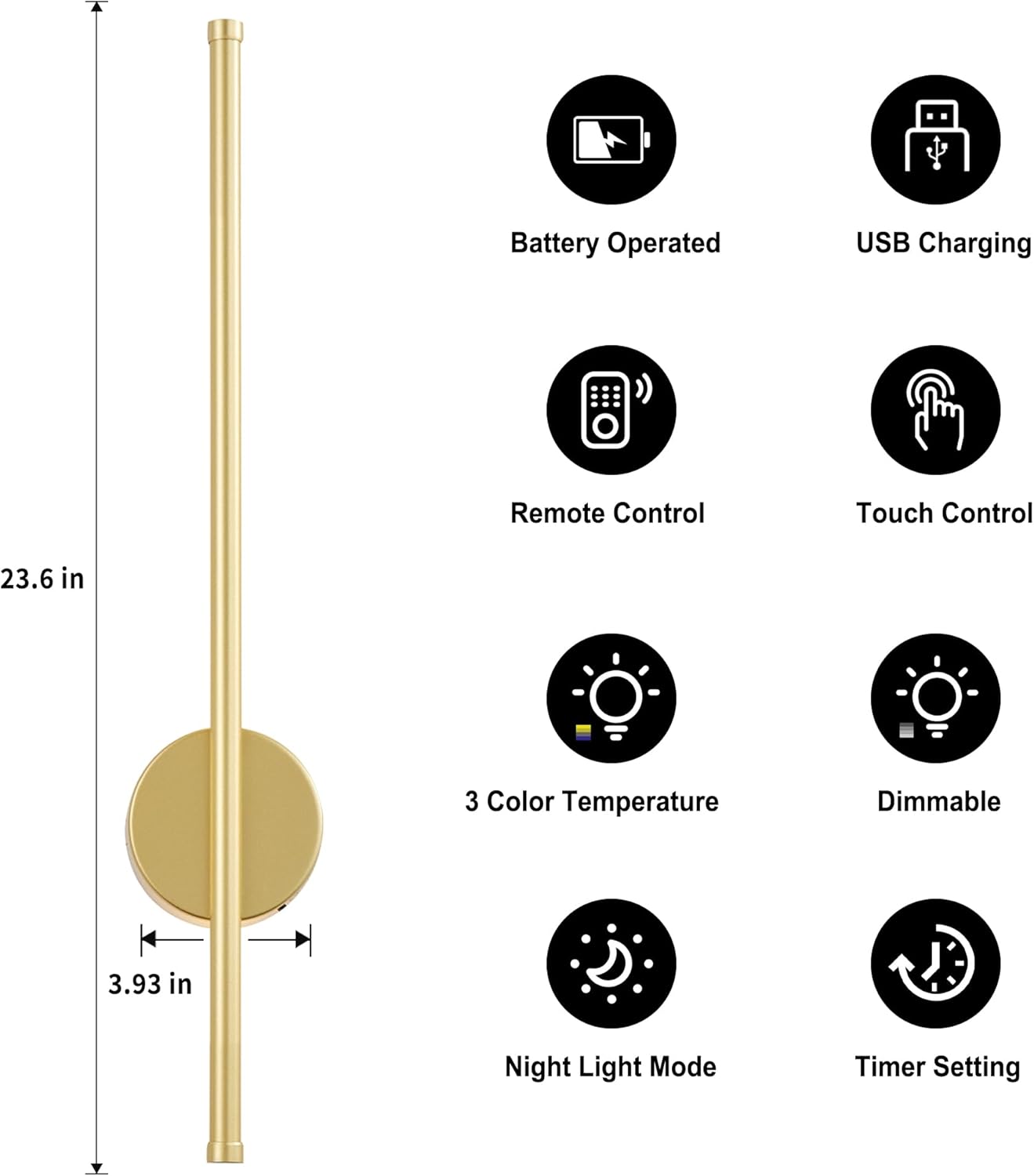 Battery Operated Modern Wall Sconces, Dimmable Wireless Wall Light Set of Two with Remote Control, 3 Color Temperatures, Rechargeable LED Wall Sconce for Bedroom, Living Room, Hallway, 23.6 Inch Brass