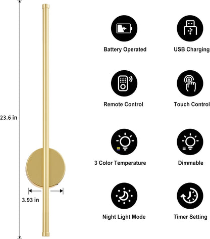 Battery Operated Modern Wall Sconces, Dimmable Wireless Wall Light Set of Two with Remote Control, 3 Color Temperatures, Rechargeable LED Wall Sconce for Bedroom, Living Room, Hallway, 23.6 Inch Brass