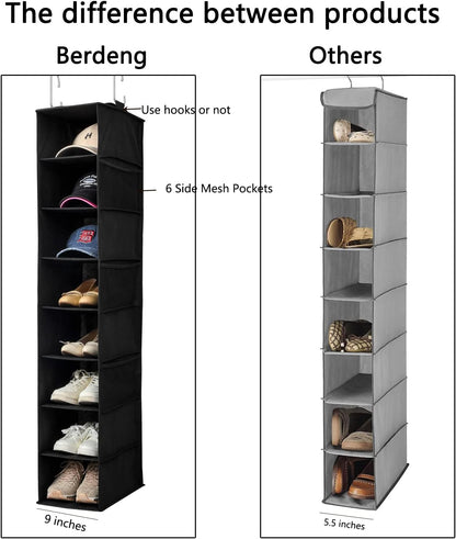 Berdeng Hanging Shoe Organizer for Closet with Side Mesh Pockets，Hat Racks for Baseball Caps，Shoe and Hat Holder & Storage，8-Shelf，Gray，1 Pack