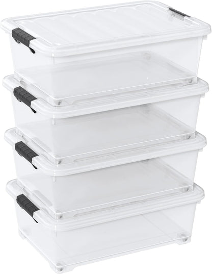 3-Pack Wheeled Plastic Under Bed Storage Box with Lids, 40 L | Under Bed Storage Bin, Secure Side Latch Lid, Built-In Rolling Wheels, Stackable Design, Perfect for Under Bed Storage