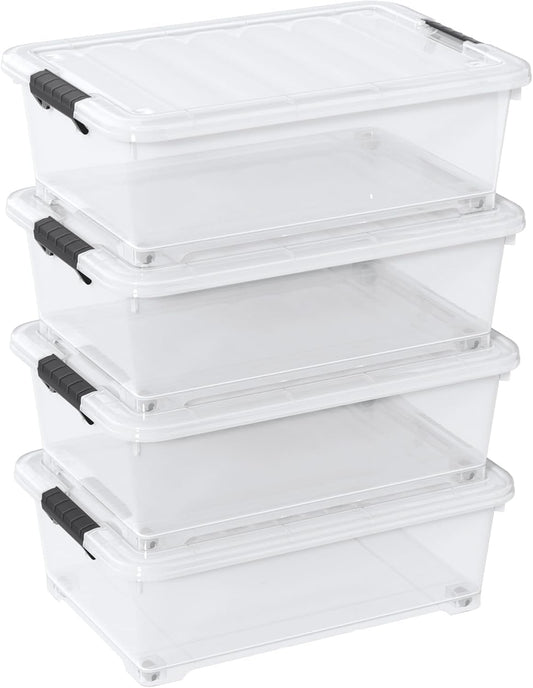 3-Pack Wheeled Plastic Under Bed Storage Box with Lids, 40 L | Under Bed Storage Bin, Secure Side Latch Lid, Built-In Rolling Wheels, Stackable Design, Perfect for Under Bed Storage
