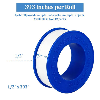 12 Pack PTFE Plumbers Tape Professional Thread Seal Tape for Pipe Sealing, Teflon Tape for Plumbing Leak Prevention, Suitable for Home, Office, and Industrial Use (1/2" x 393")