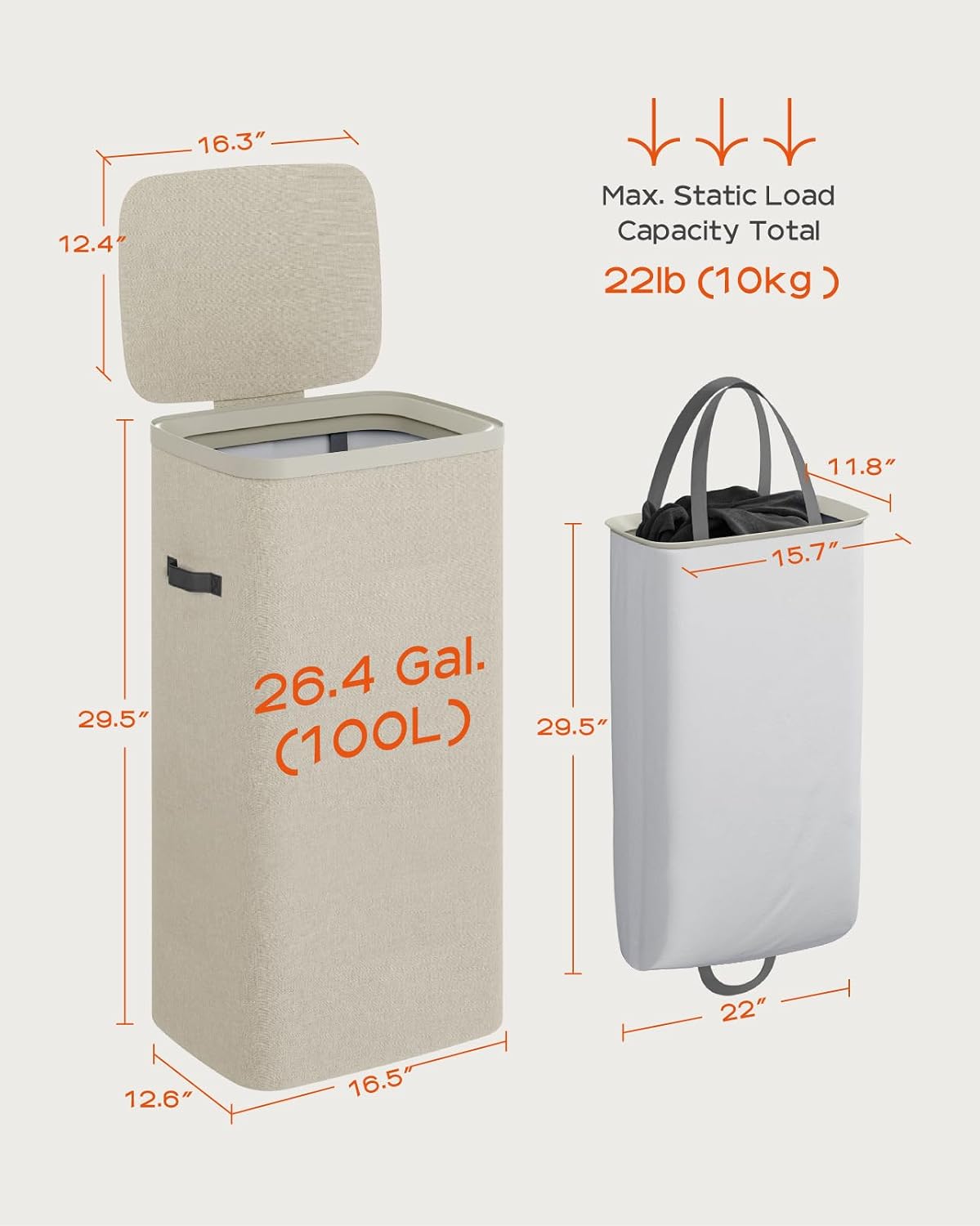 CASAMAYA Laundry Basket with Lid, Laundry Hamper 3 Section, 190L collapsible Laundry Organizer, Easy Assembly, with Handles and Removable Liners, 25.2 x 15.7 x 29.5 Inches, Beige JSP904M