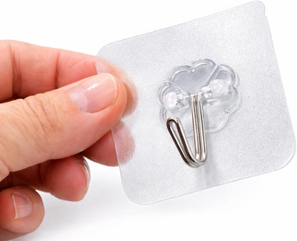Tech Team #908 Adhesive Wall Hooks – 8-Piece Clear Heavy-Duty Stick-On Hooks for Bathroom, Kitchen, Office, Garage & Outdoor Use – No-Drill, Waterproof, Reusable, Strong Holding Power