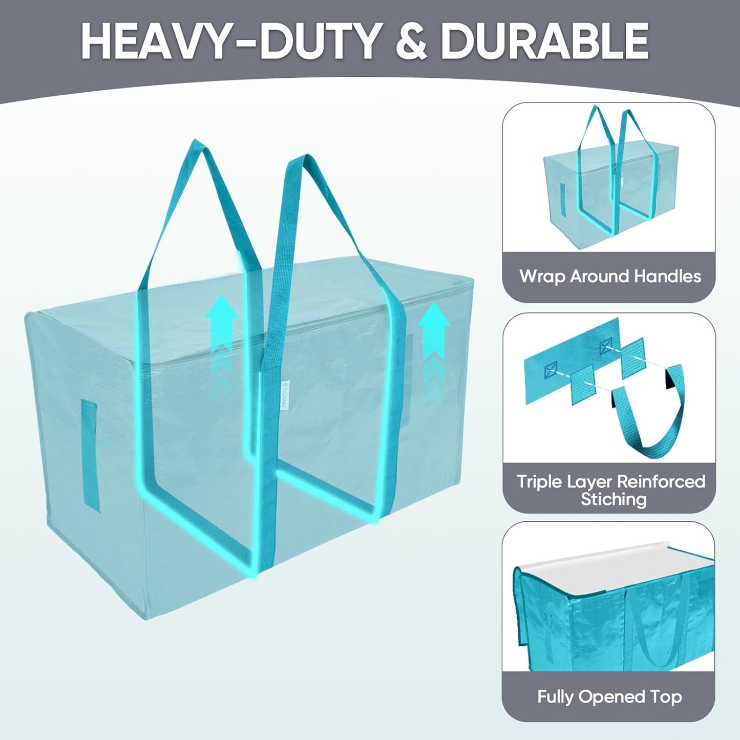 TICONN 4 Pack Extra Large Moving Bags Heavy Duty with Zippers & Carrying Handles, Durable Storage Bags Moving Boxes for Closet Organizers and Storage (4 Pack, Blue)