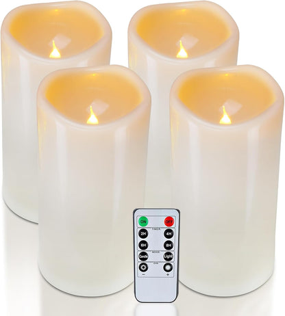 Homemory 6" 8" 10" x 4" Waterproof Outdoor Flameless Candles, Battery Operated Flickering LED Pillar Candles with Remote and Timers for Indoor, Plastic, Ivory White