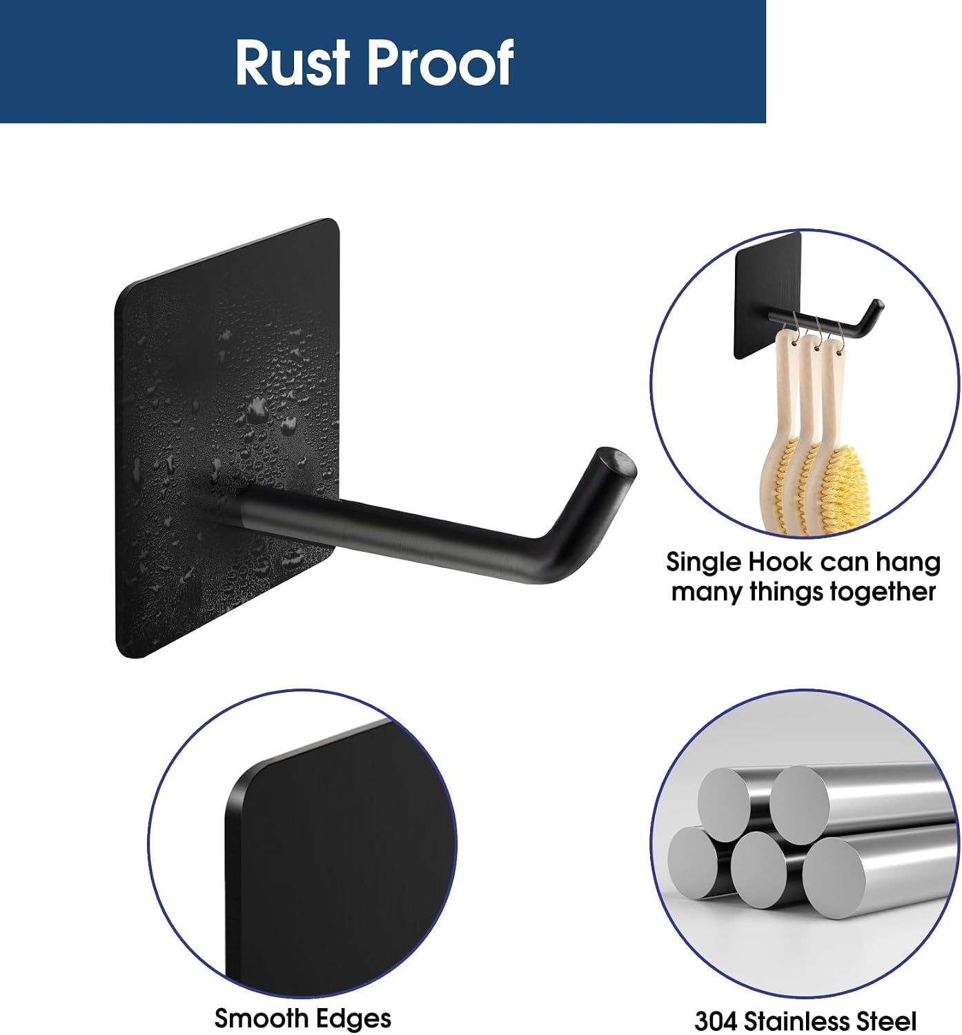 Hawsam 6 Pack Self Adhesive Wall Hooks for Hanging Heavy Duty 44LB(Max) Adhesive Towel Hooks 304 Stainless Steel Sticky Hooks for Robe Coat, Waterproof Shower Hooks for Bathroom Kitchen
