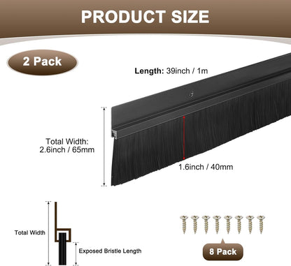 M METERXITY 2Pack Door Sweep - 39" Door Bottom Brush Heavy Duty Seal Draft Stopper Aluminum Base with 50mm Brush, Adhesive/Screw Installation for Interior/Exterior/Garage/Sliding Doors, Black