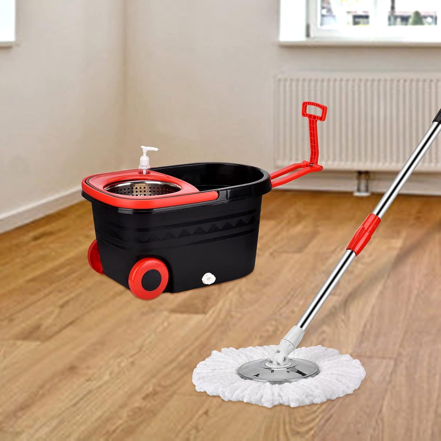 Spin Mop and Bucket with Wringer Set, Stainless Steel 360 Spinning Mop Bucket with 2X Round Wheels for Home Cleaning System with Dual Mop Heads Self Wringing Red Big Bucket 25QT (Black & Red)