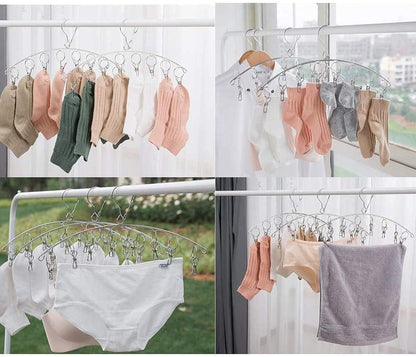 Stainless Steel Laundry Drying Rack Clothes Hanger with Windproof Hook,Underwear Hanger,Clothes Hangers with 8 Clips for Drying Socks,Diapers,Baby Clothes(2 Pack)