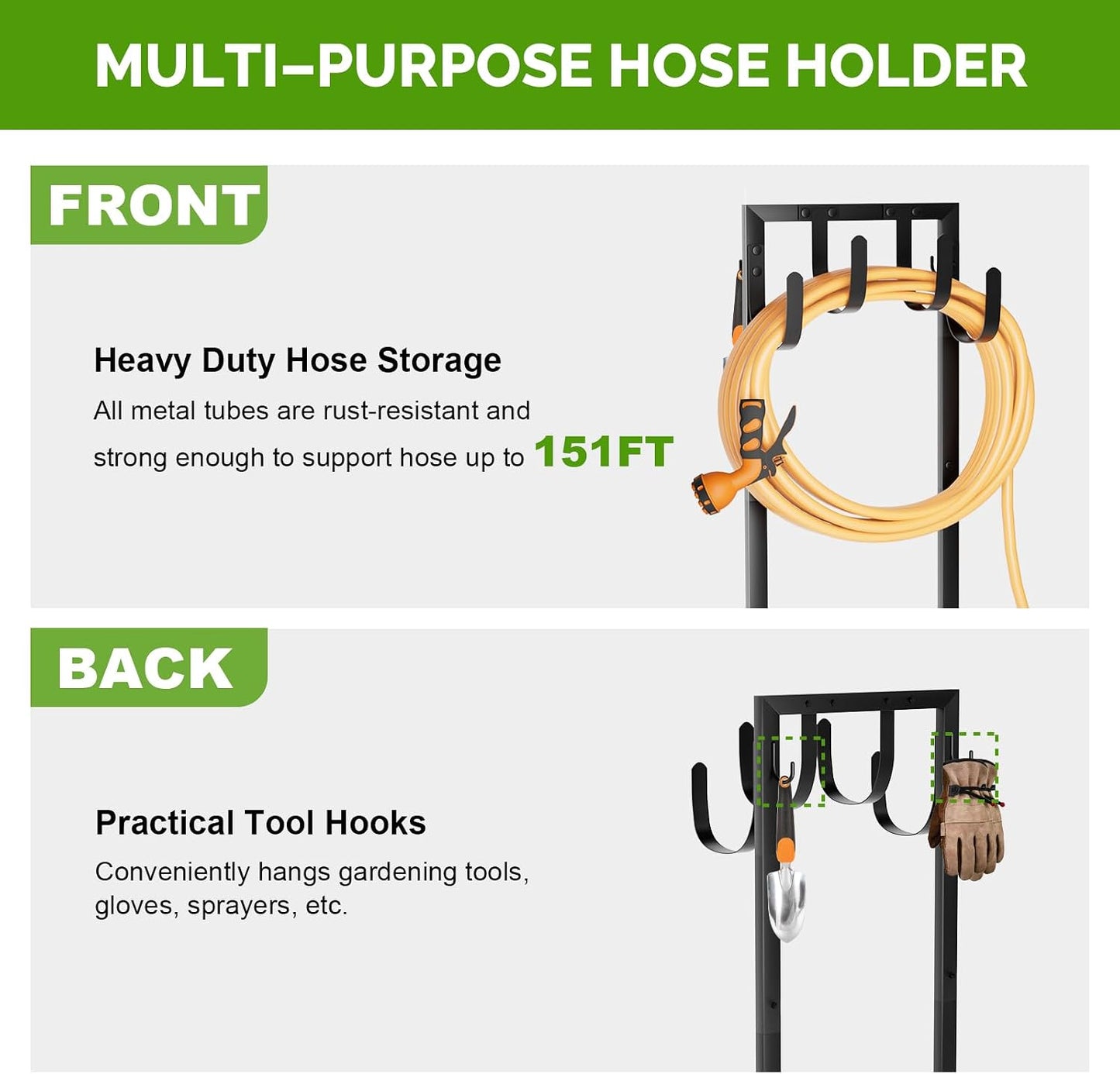 Garden Hose Holder with Stable Base and Tool Hooks, GAVISCITY Heavy-Duty Metal Hose Hanger Garden Hose Storage Holds 151Ft Hose, Rustproof Freestanding Water Hose Holder for Outside, Yard, Lawn, Black