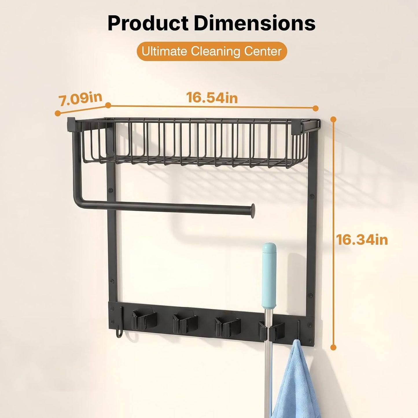 Broom Holder Wall Mount, Broom and Mop Organizer Wall Hanging with Paper Towel Holder & Removable Anti-fall Basket, Wall Mount Cleaning Supplies Organizer for Laundry Room, Apartment, Utility Room