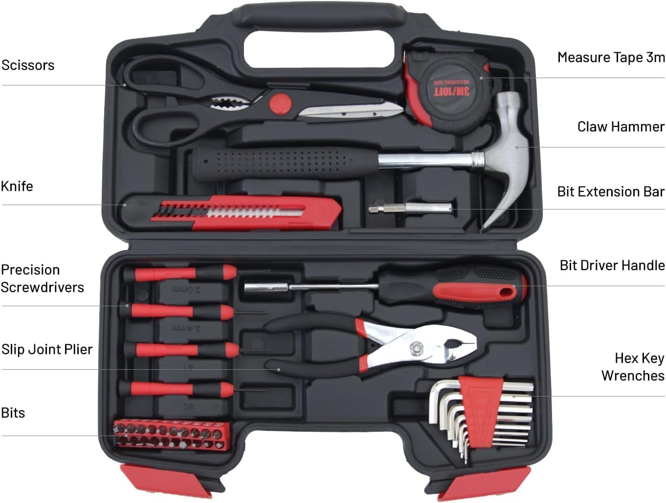 39-Piece Household Tools Kit - Portable and Essential Repair Set Ideal for Women, College Students, Home Use & More (39p-Pink)