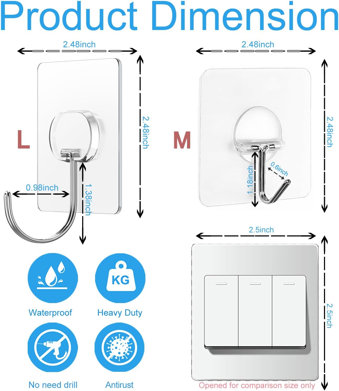 JINSHUNFA Adhesive Wall Hooks 13LB Heavy Duty No Drill Transparent Waterproof Hooks for Bathroom Kitchen Towel Coat 12 Pack