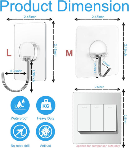JINSHUNFA Adhesive Wall Hooks 13LB Heavy Duty No Drill Transparent Waterproof Hooks for Bathroom Kitchen Towel Coat 12 Pack
