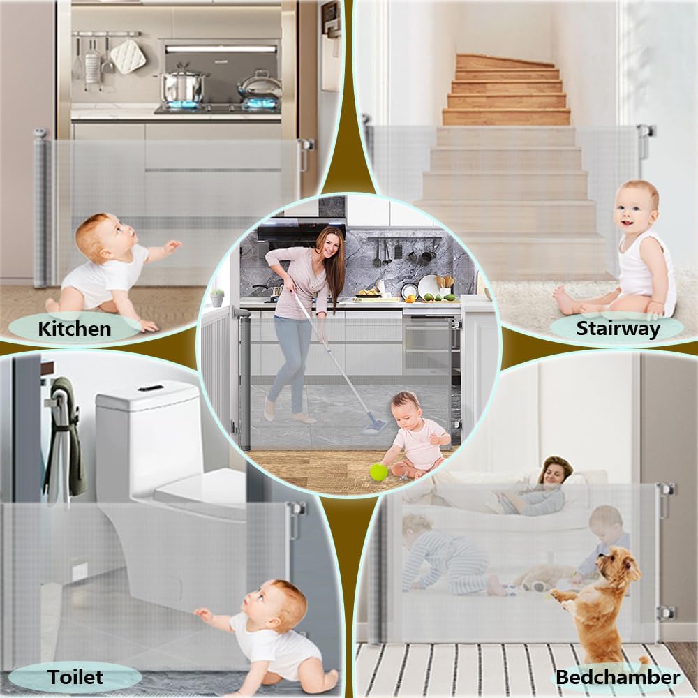 Retractable Baby Gates for Stairs Doorways Hallways, Soft Mesh Safety Retractable Dog Gate for Pet, Indoor Or Outdoor Use, Easy Installation,33.6" Tall,Expands to 55" Wide,White