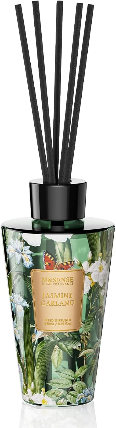 M&SENSE Reed Diffuser Set, Jasmine Sandalwood Scented 6.3 fl oz Natural Essential Oil Diffusers with Sticks, Non-Toxic Organic Air Freshener, Long-Lasting Fragrance Oils for Home Bathroom Living Room
