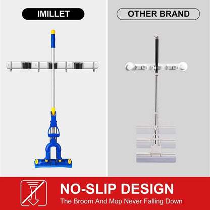IMILLET 2 Pack Wall Mount Broom Holder Stainless Steel 5 Racks with 4 Hooks Broom Organizer Self Adhesive Heavy Duty Laundry Room, Garage Organization Storage