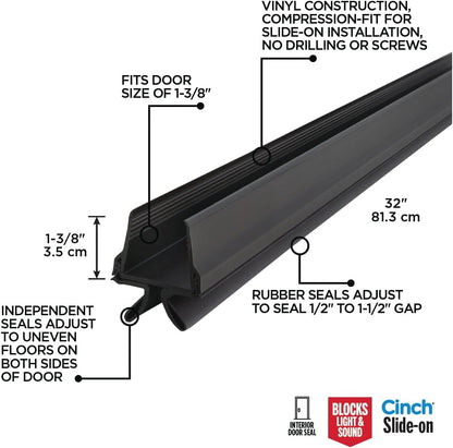 M-D Building Products Vinyl Cinch U-Shape Door Bottom Seal, Slide-On Weatherstripping Draft Stopper, Easy to Install, Fits 36” x 1-3/4” Doors, Fills 3/8”- 3/4” Gaps, 43337, Brown
