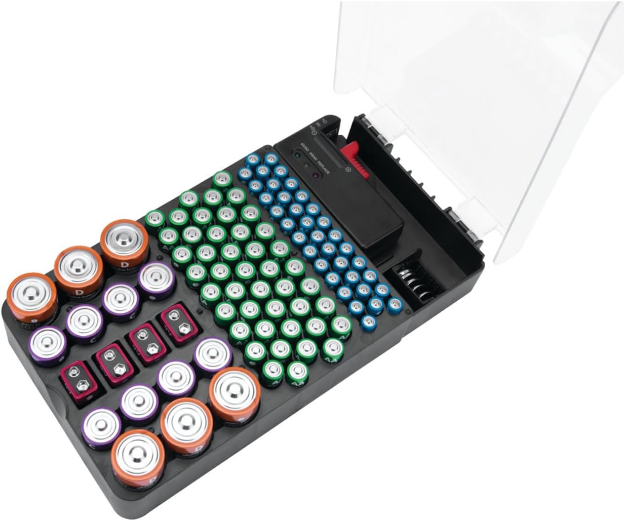 Performance Tool W3001 104 Slot Battery Organizer with Removable Tester - Keep Your Batteries Neatly Stored and Corrosion-Free