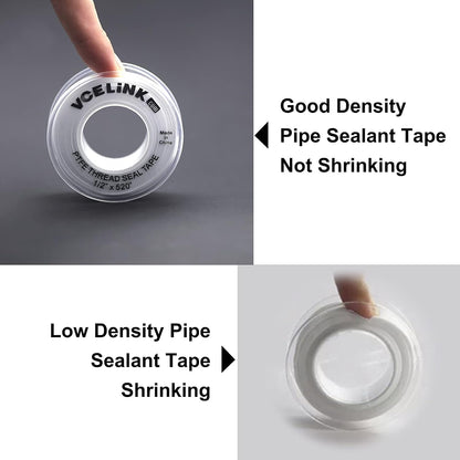 VCELINK PTFE Plumbers Tape 2-Pack, Industrial Water Sealant Thread Tape, 520" Length, 1/2" Width, 3.5 mil Thick, Plumbing Teflon Tape for Shower Head and Pipe Thread, White