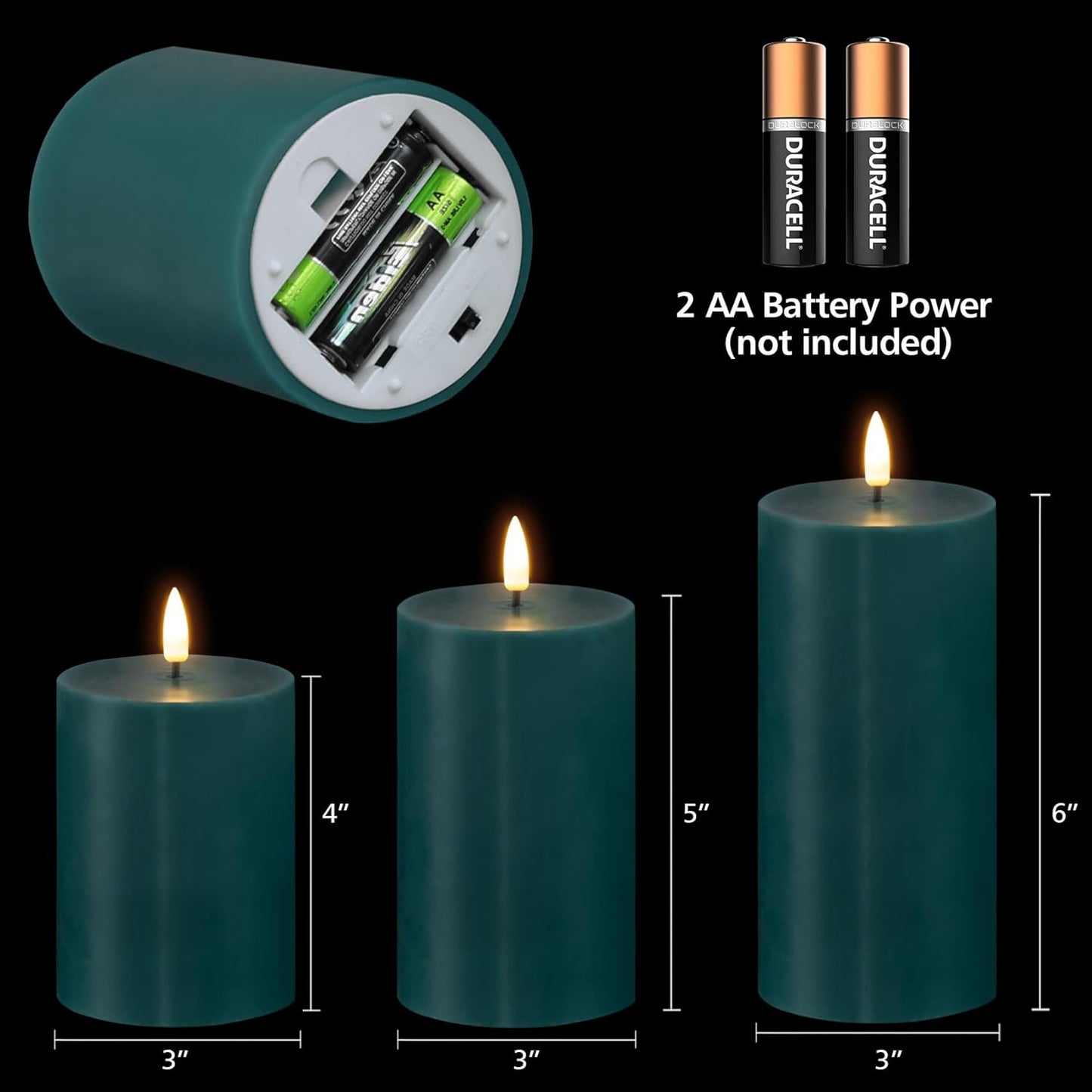 Black Flameless Pillar Candles with Remote, Flickering LED Wax Candles Battery Operated Set of 3