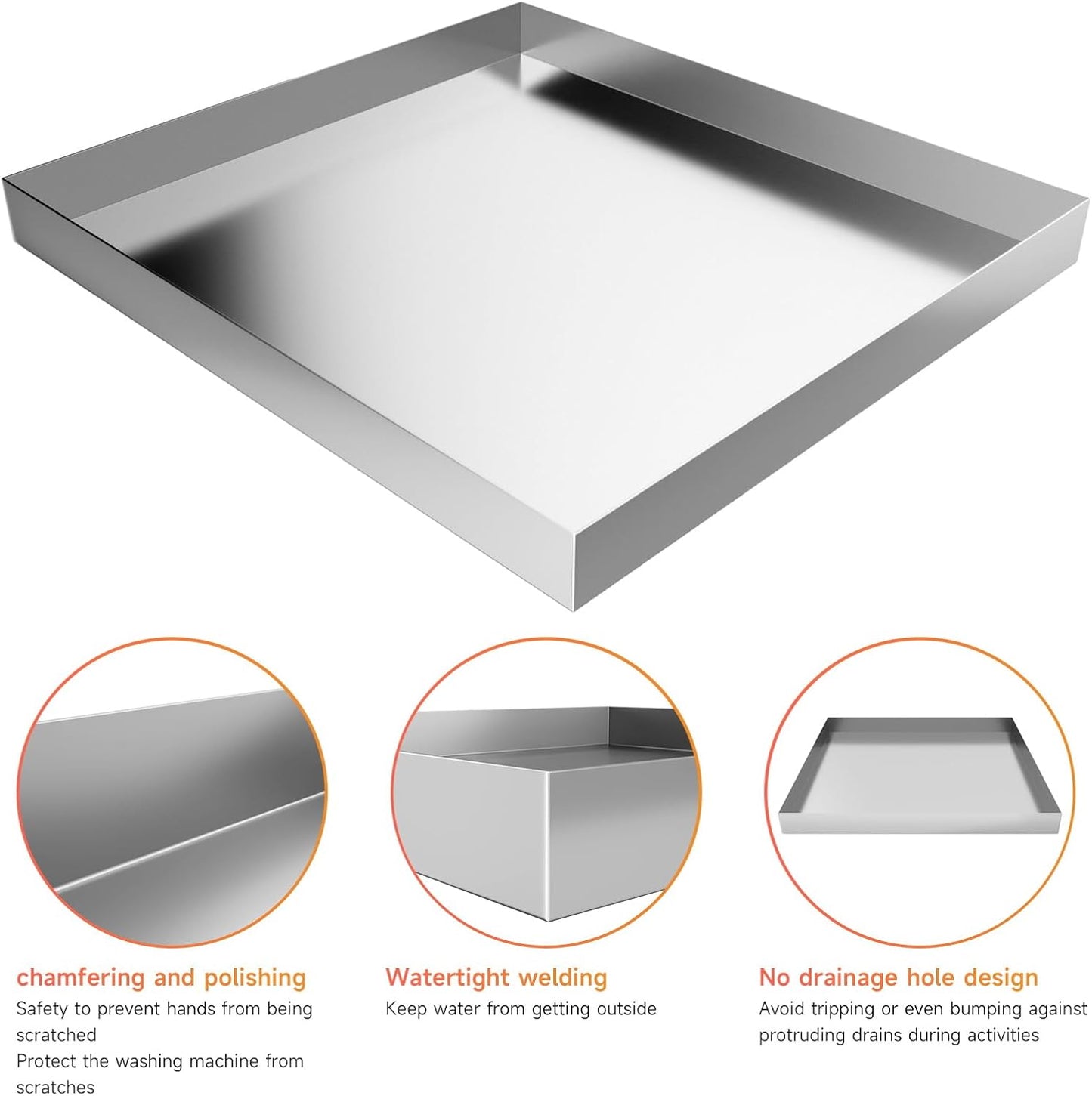 Heavy Duty 304 Stainless Steel Washing Machine Pan, 27" x 25" x 2.5" | Washing Drain Pan, Washing Machine Tray, Washer Pan, Floor & Wood Deck Protection, No Hole