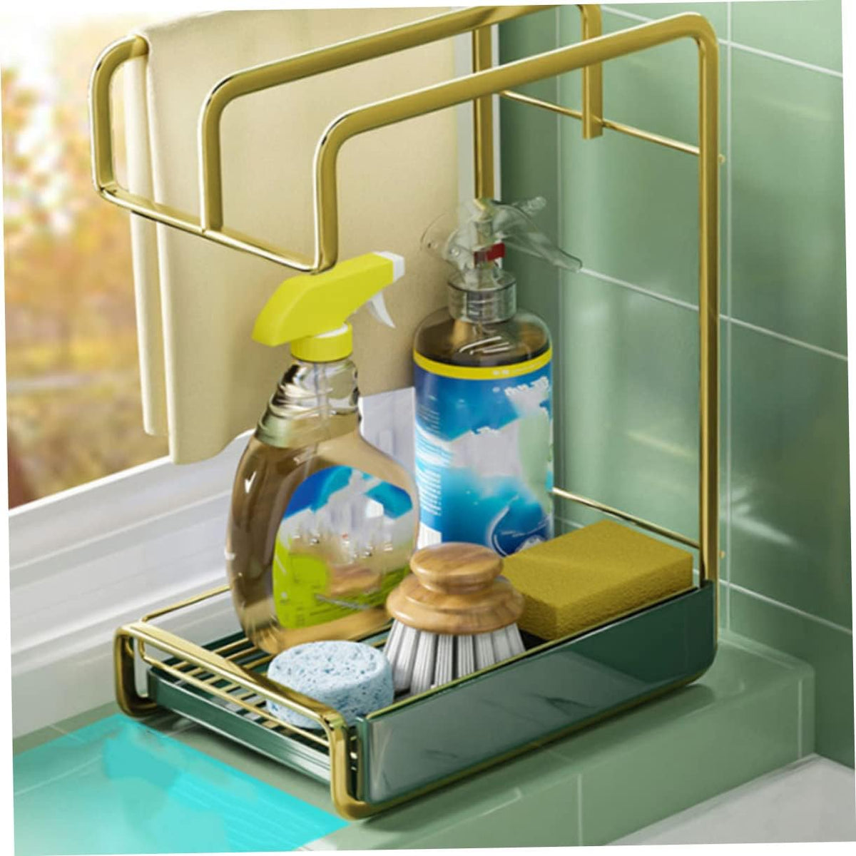 Cabilock Kitchen Wall Mounted Iron Draining Rack with Triple Rods for Dish Cloth and Sponge Storage Space Saving Tableware Drying Organizer in Gold Practical Kitchen Cleaning Tool Holder