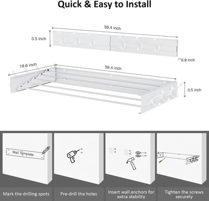 Laundry Drying Rack, Collapsible Wall Mounted Clothes Drying Rack - Foldable,Space Saving, 13.2 Linear Ft, 5 Aluminum Rods, 60 lb Capacity (White, 40" Wide)