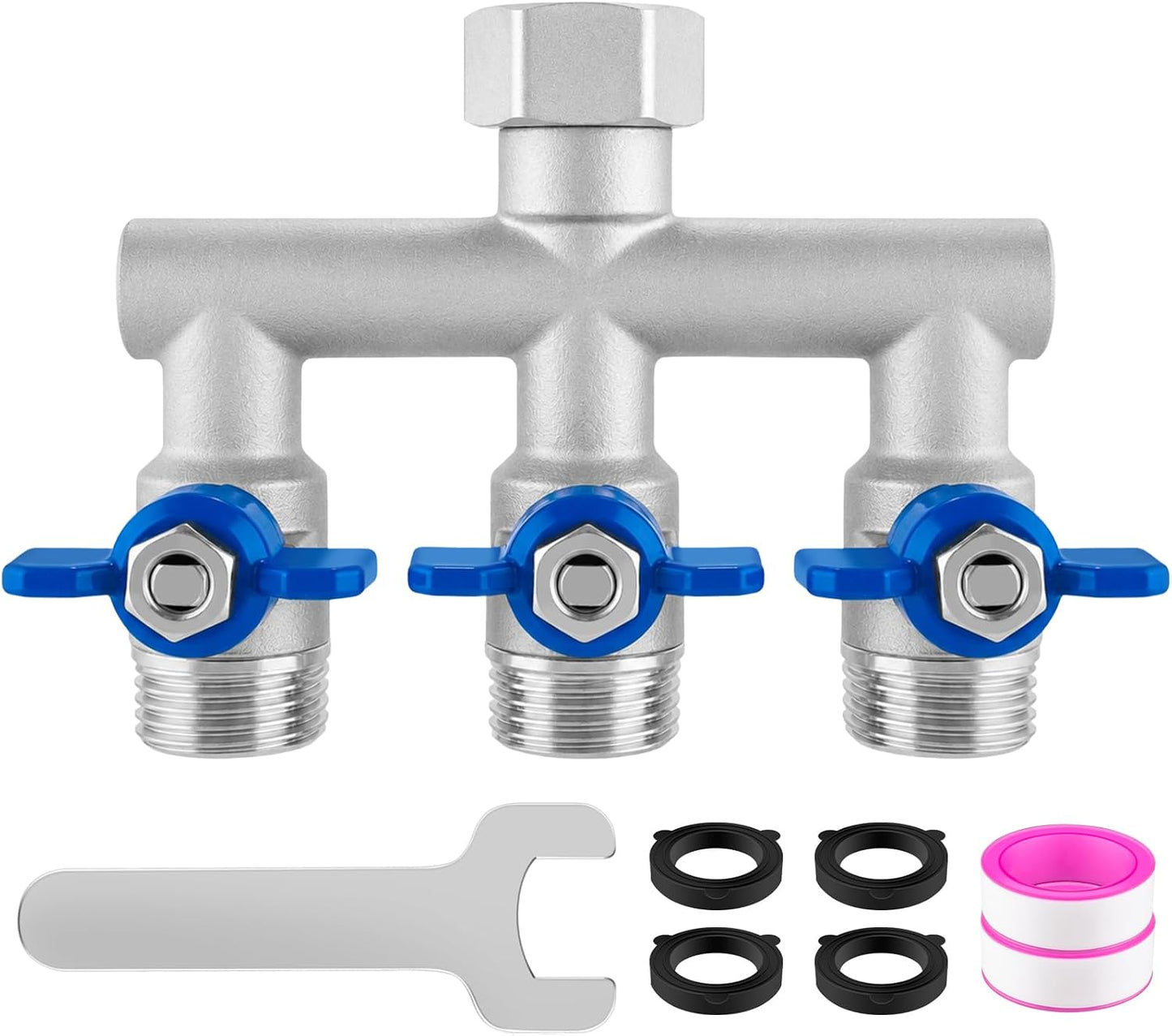 304 Stainless Steel Garden Hose Splitter 2 Way, Heavy Duty 3/4" GHT Y Hose Splitter with Shut-Off Valves, Full Flow Outdoor Faucet Connector with Wrench