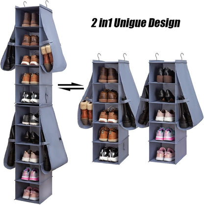 Hanging Shoe Organizer for Closet Footwear Boots Storage Shelf | Hang Closet Organization Storing Shelves Rack Display Shoes Boots Clothes 10-Shelf 4 Pockets Space Saver Oxford Cloth 2 Pack