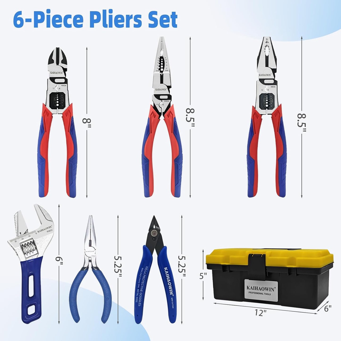 KAIHAOWIN 11-Piece Home Tool Kit with Carry Case - CR-V Steel Pliers Set, Wrench, Hammer, Screwdriver & Wire Cutter for DIY Repair, Automotive, Plumbing & Household Maintenance